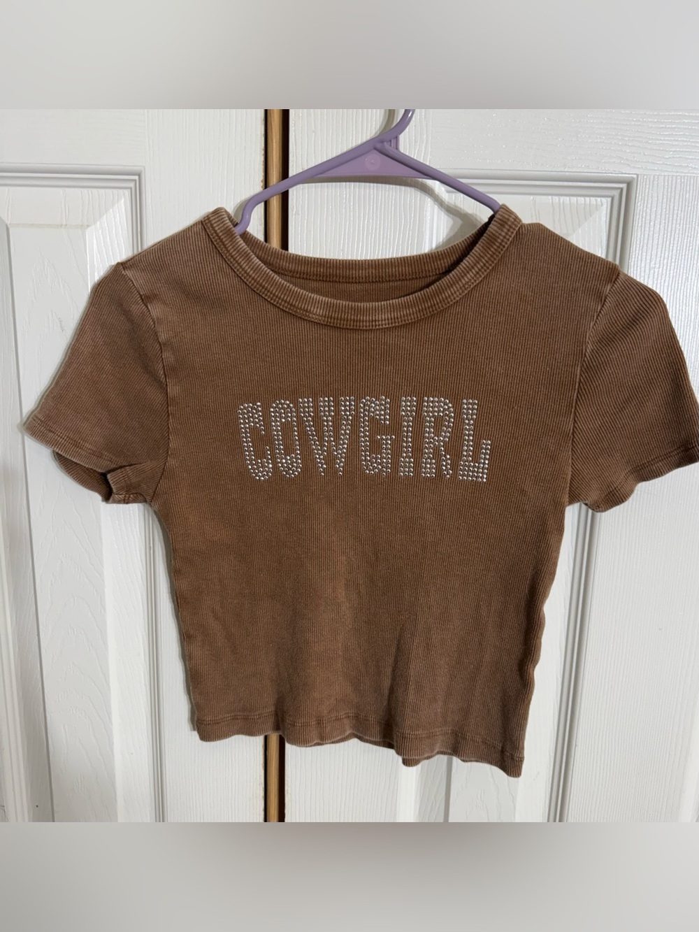 Social Culture Cowgirl Rhinestone Brown Ribbed Crop Top Small
